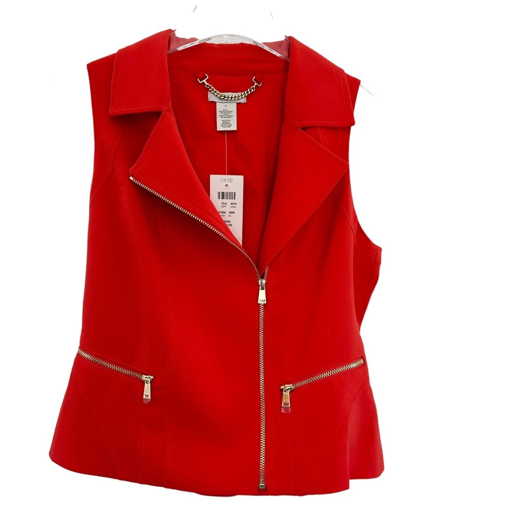 Cache Full Zip Vest Women Size 0 Red Orange Gold Adjustable‎ Career Festive New